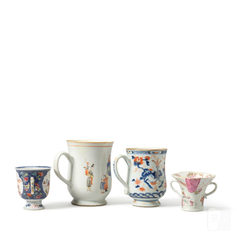清乾隆 伊萬里啤酒盃、粉彩人物故事圖盃兩件及雙耳盃一件 | A CHINESE IMARI TANKARD, A FAMILLE ROSE LIBATION CUP, A FAMILLE ROSE TANKARD AND A DOUBLE HANDLED CUP - 图2